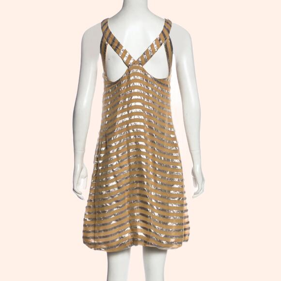 YIGAL AZROUËL Beige and Metallic Silver Striped Sleeveless Silk Dress - Picture 5 of 8